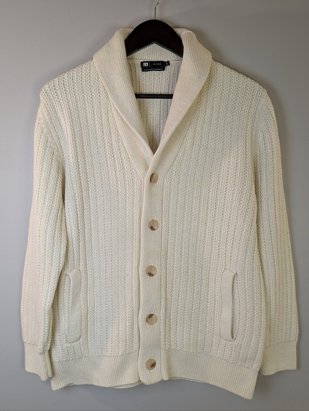 Le 31 Par Simons Off White Cotton Rib Knit Shawl Collar Cardigan, Size M